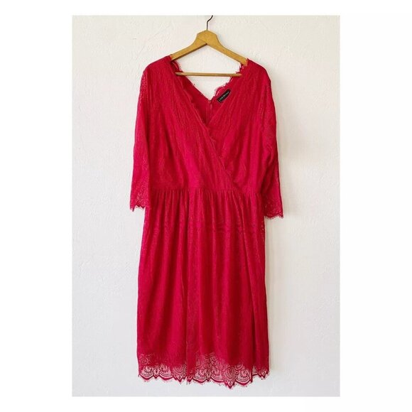 Lane Bryant 18 Red Lace Surplice Sheath Dress 3/4 Sleeves Plus V-Neck Elegant - Picture 8 of 11